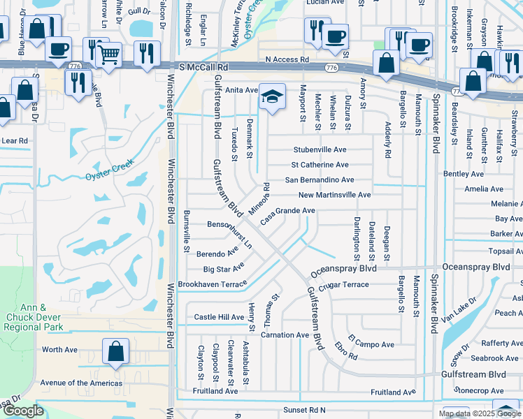 map of restaurants, bars, coffee shops, grocery stores, and more near 7146 Mineola Road in Englewood