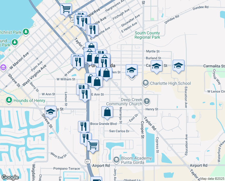 map of restaurants, bars, coffee shops, grocery stores, and more near 301 East McKenzie Street in Punta Gorda