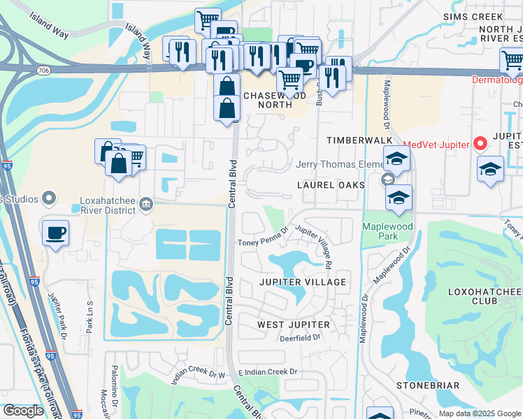 map of restaurants, bars, coffee shops, grocery stores, and more near 141 Village Circle in Jupiter