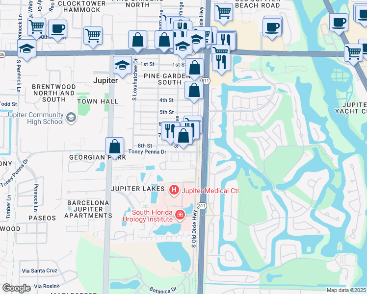 map of restaurants, bars, coffee shops, grocery stores, and more near 175 Toney Penna Drive in Jupiter