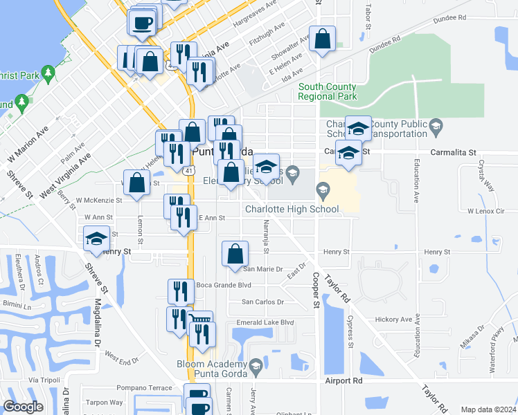 map of restaurants, bars, coffee shops, grocery stores, and more near 400 East Ann Street in Punta Gorda