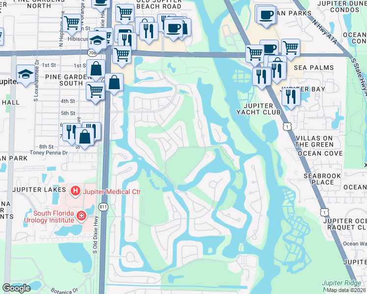 map of restaurants, bars, coffee shops, grocery stores, and more near Passage E & Traverse Cir in Jupiter