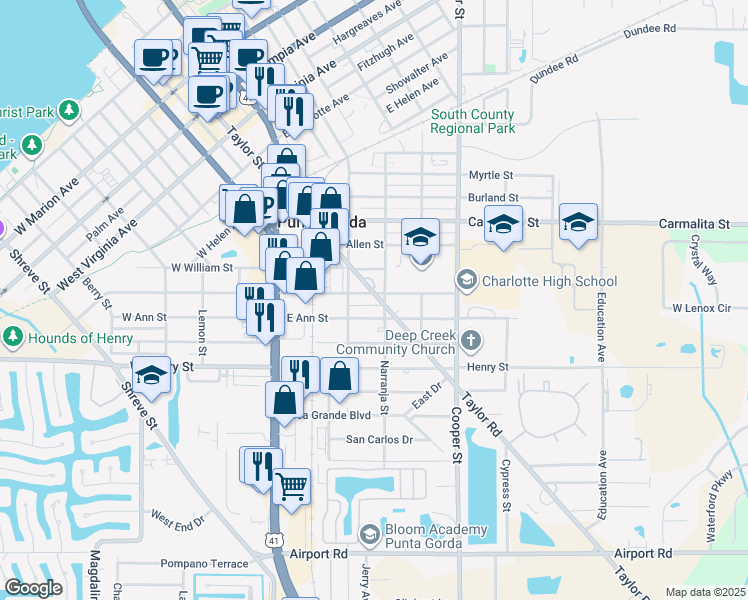 map of restaurants, bars, coffee shops, grocery stores, and more near 400 East Ann Street in Punta Gorda