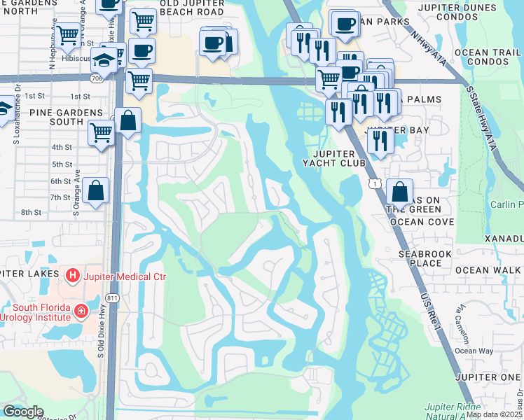 map of restaurants, bars, coffee shops, grocery stores, and more near 17016 Bay Street in Jupiter