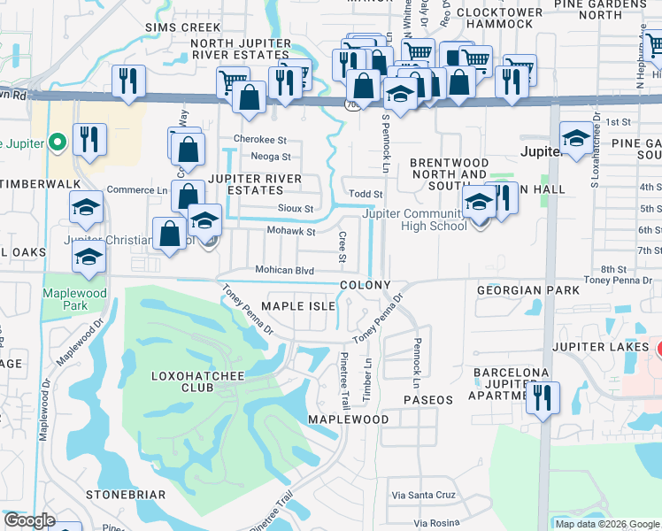 map of restaurants, bars, coffee shops, grocery stores, and more near 994 Mohican Boulevard in Jupiter