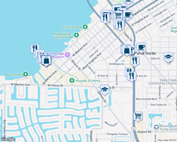 map of restaurants, bars, coffee shops, grocery stores, and more near 450 Shreve Street in Punta Gorda