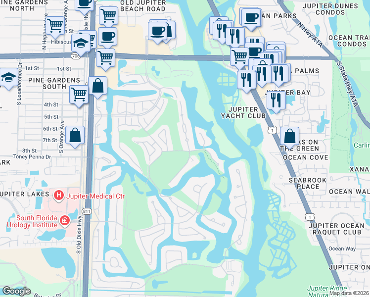 map of restaurants, bars, coffee shops, grocery stores, and more near 17020 Bay Street in Jupiter