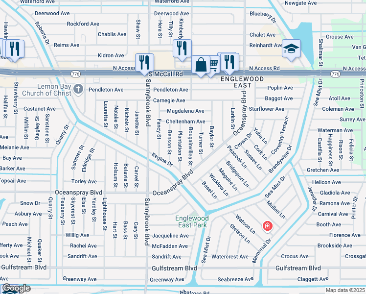 map of restaurants, bars, coffee shops, grocery stores, and more near 7154 Plantation Street in Englewood