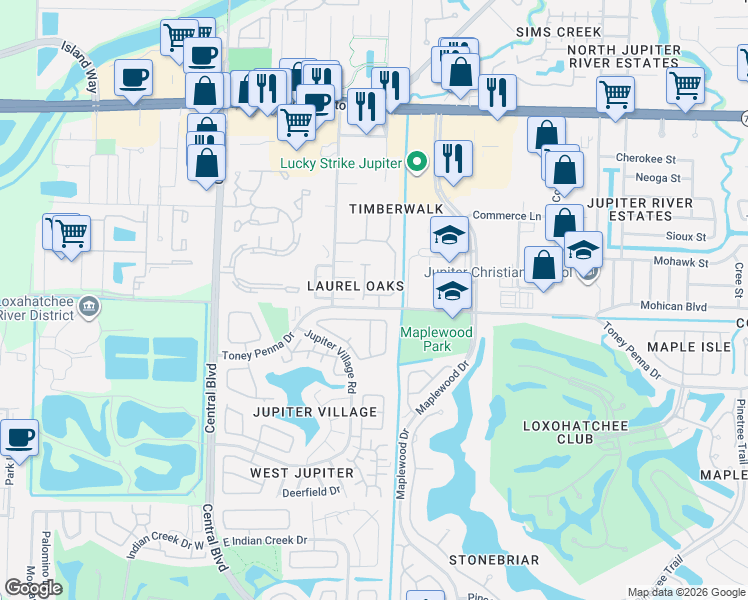 map of restaurants, bars, coffee shops, grocery stores, and more near 110 Timberwalk Trail in Jupiter