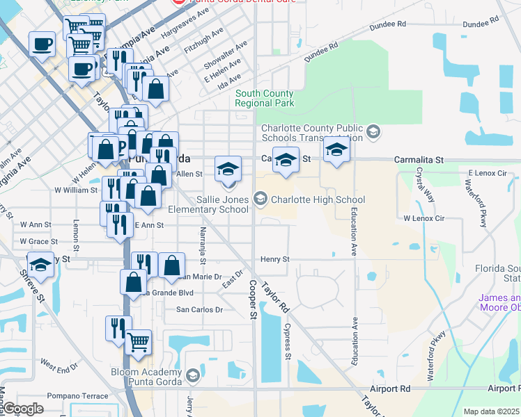 map of restaurants, bars, coffee shops, grocery stores, and more near 1250 Cooper Street in Punta Gorda