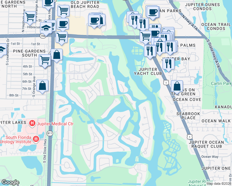 map of restaurants, bars, coffee shops, grocery stores, and more near 17016 Bay Street in Jupiter