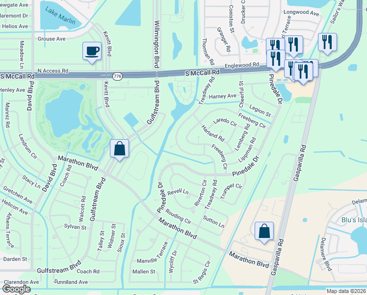 map of restaurants, bars, coffee shops, grocery stores, and more near 7173 Treadway Road in Port Charlotte