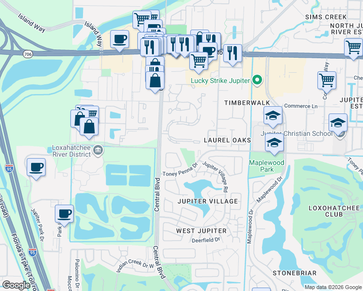 map of restaurants, bars, coffee shops, grocery stores, and more near 141 Village Circle in Jupiter