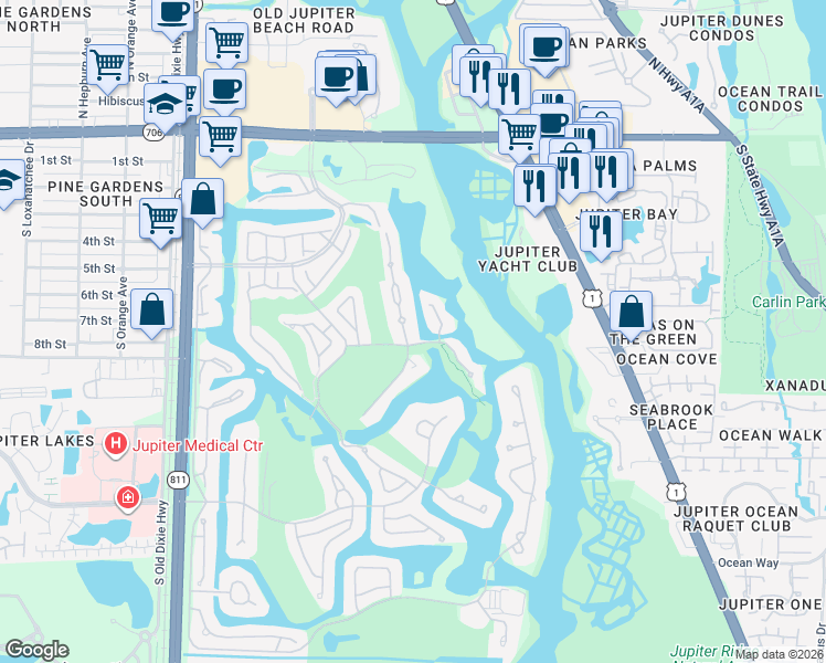 map of restaurants, bars, coffee shops, grocery stores, and more near 17036 Bay Street in Jupiter