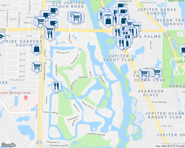 map of restaurants, bars, coffee shops, grocery stores, and more near 17036 Bay Street in Jupiter