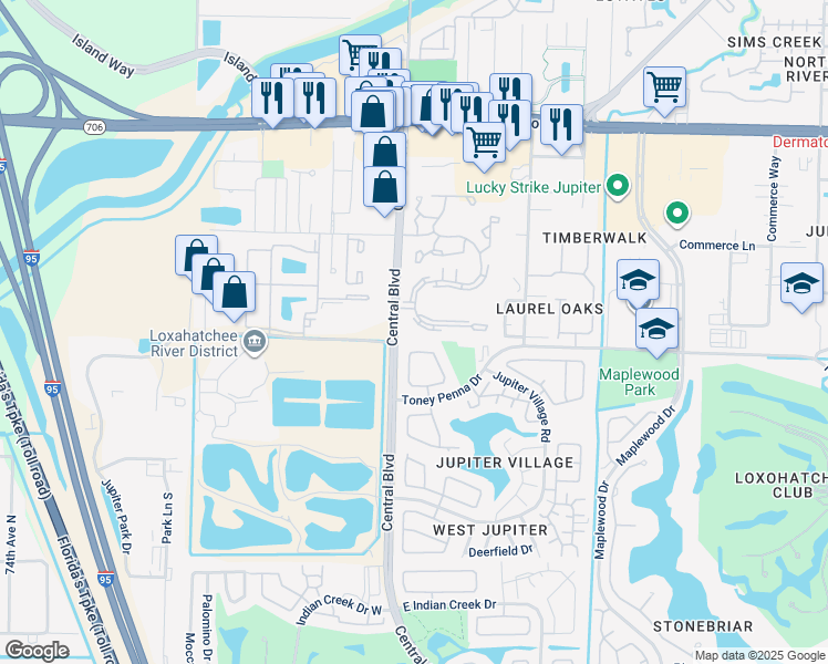 map of restaurants, bars, coffee shops, grocery stores, and more near in Jupiter