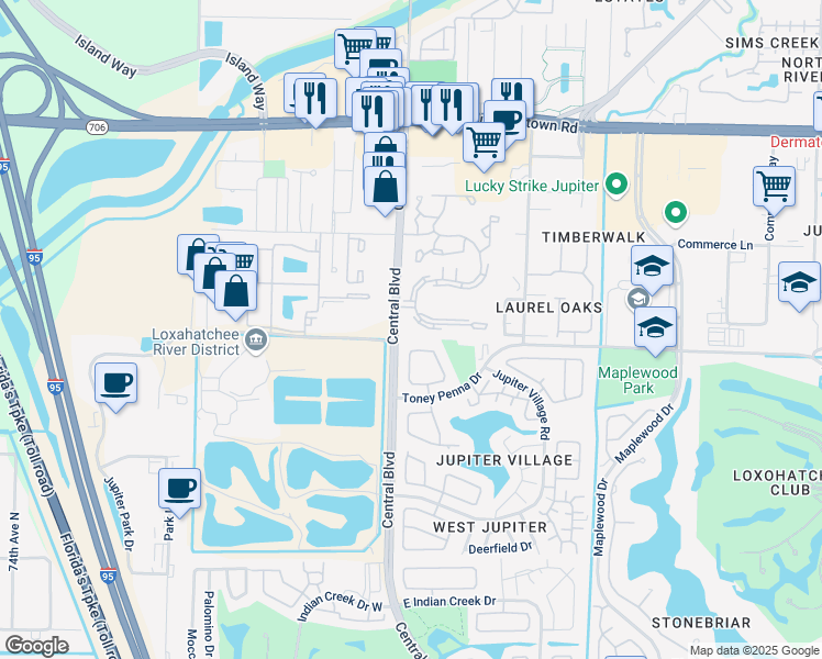 map of restaurants, bars, coffee shops, grocery stores, and more near 6380 Chasewood Drive in Jupiter