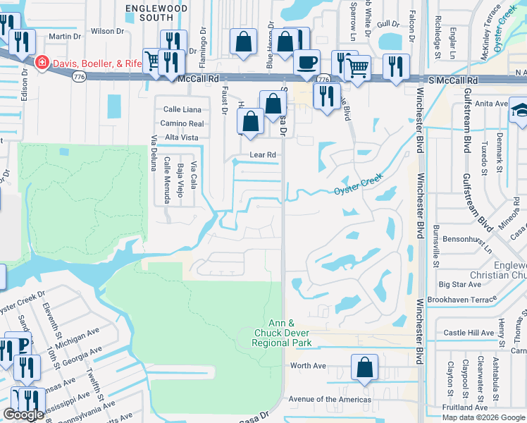 map of restaurants, bars, coffee shops, grocery stores, and more near 2600 Titania Road in Englewood
