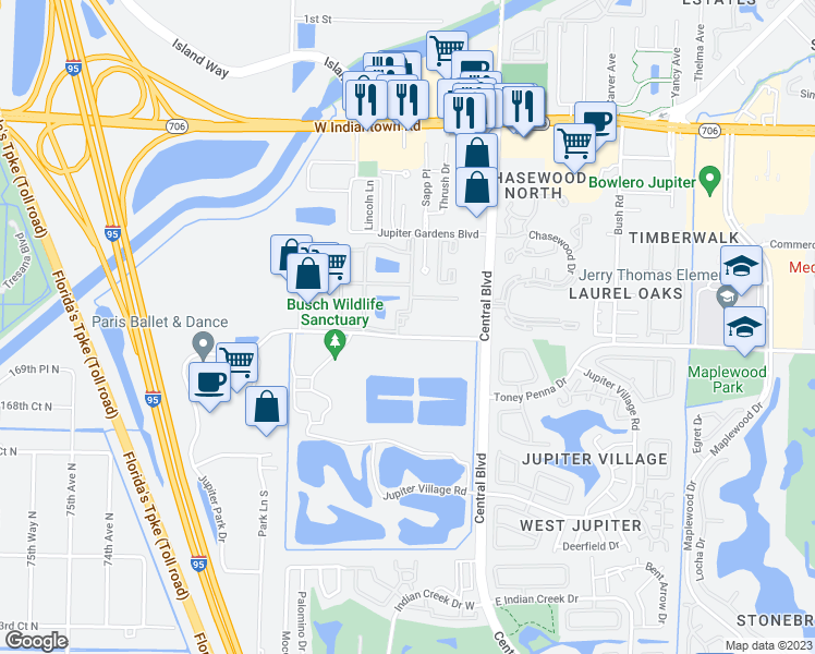 map of restaurants, bars, coffee shops, grocery stores, and more near 140 Mallard Cove Road in Jupiter