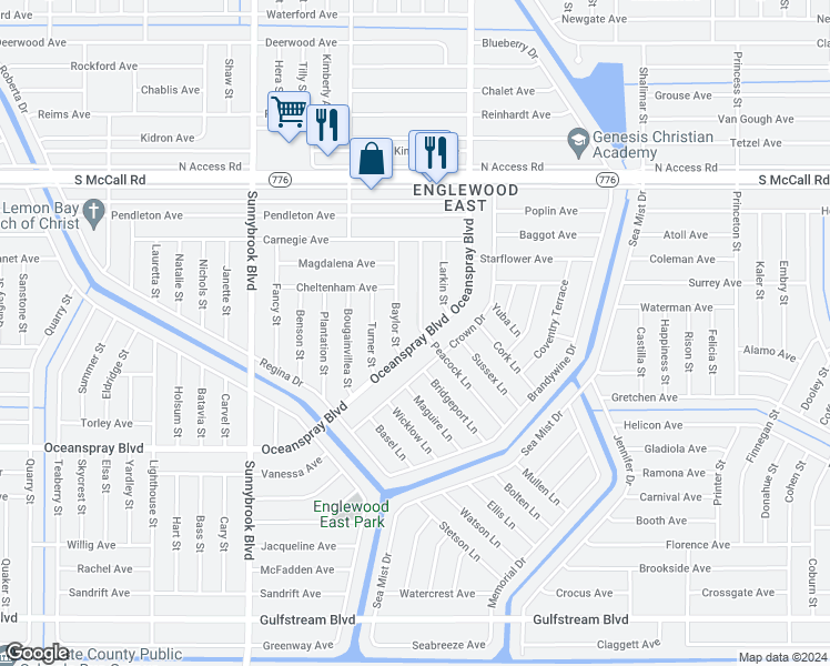 map of restaurants, bars, coffee shops, grocery stores, and more near 11268 Oceanspray Boulevard in Englewood