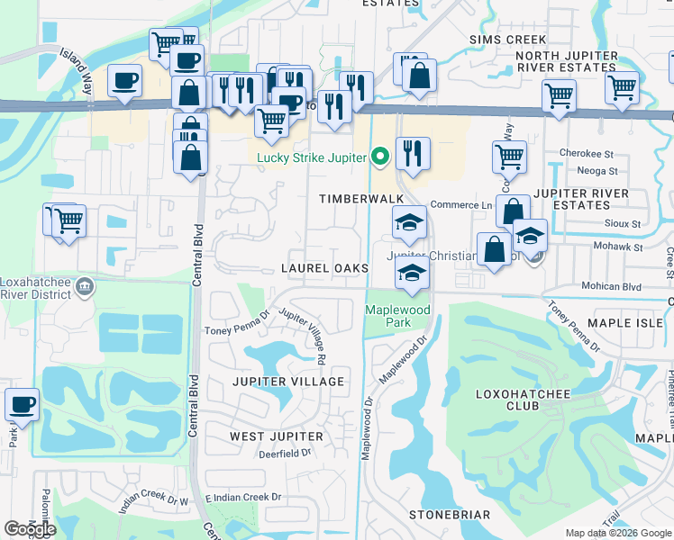 map of restaurants, bars, coffee shops, grocery stores, and more near 145 Timberwalk Trail in Jupiter