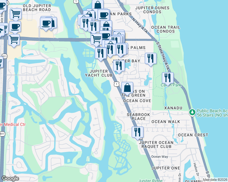 map of restaurants, bars, coffee shops, grocery stores, and more near 700 South US Highway 1 in Jupiter