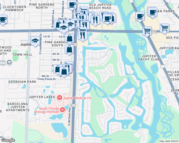 map of restaurants, bars, coffee shops, grocery stores, and more near 16970 Waterbend Drive in Jupiter