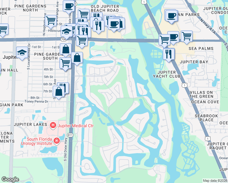 map of restaurants, bars, coffee shops, grocery stores, and more near 17062 Traverse Circle in Jupiter