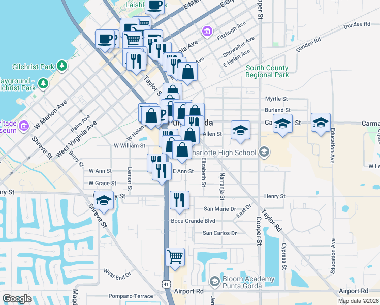 map of restaurants, bars, coffee shops, grocery stores, and more near 204 East McKenzie Street in Punta Gorda