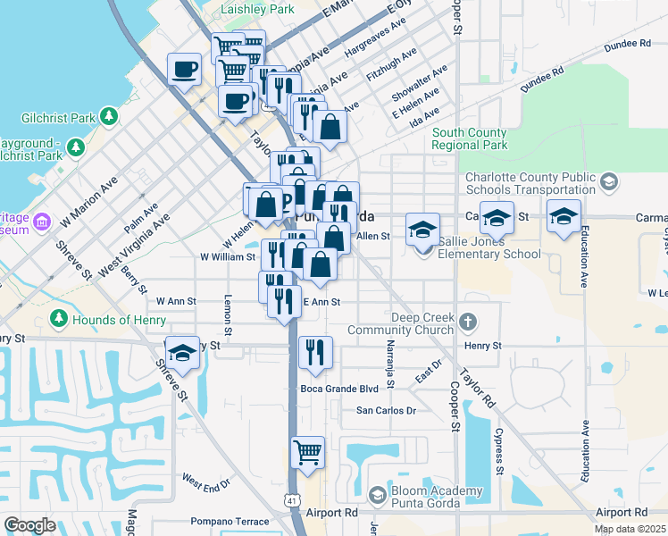 map of restaurants, bars, coffee shops, grocery stores, and more near 204 East McKenzie Street in Punta Gorda