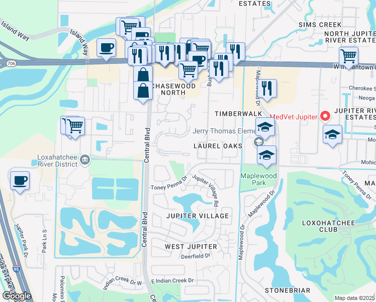 map of restaurants, bars, coffee shops, grocery stores, and more near 6299 Chasewood Drive in Jupiter