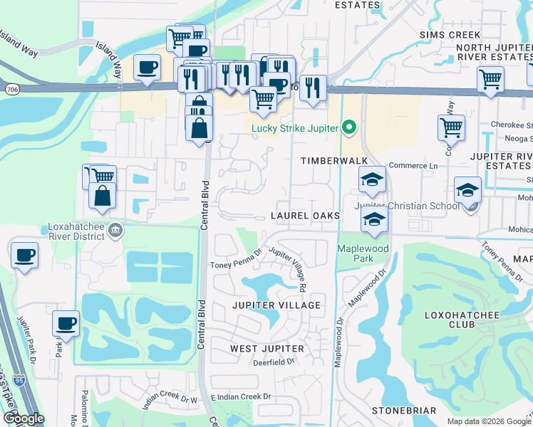 map of restaurants, bars, coffee shops, grocery stores, and more near 6299 Chasewood Drive in Jupiter
