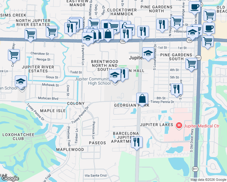 map of restaurants, bars, coffee shops, grocery stores, and more near 500 Military Trail in Jupiter
