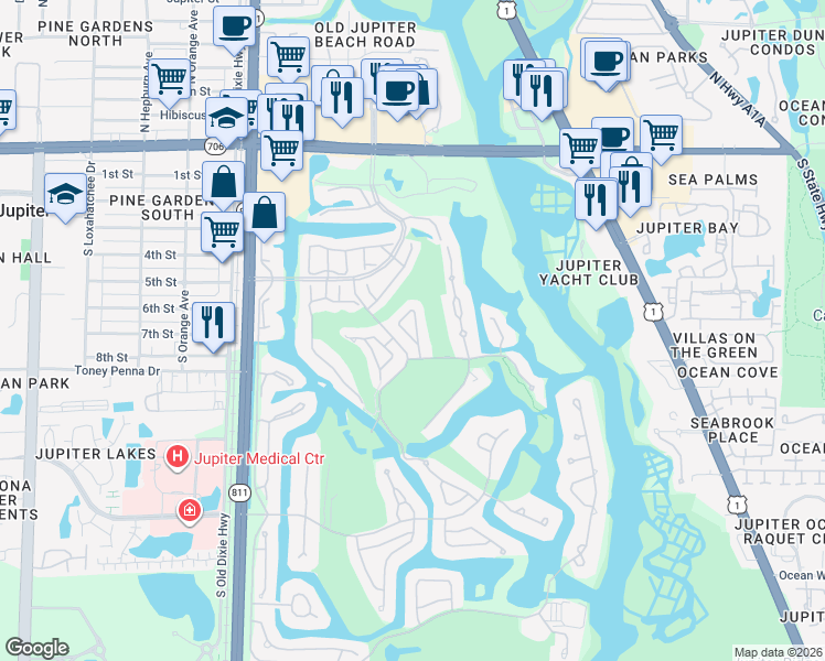 map of restaurants, bars, coffee shops, grocery stores, and more near 17024 Traverse Circle in Jupiter