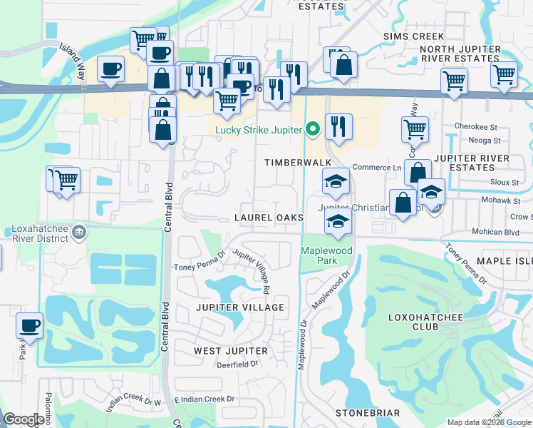map of restaurants, bars, coffee shops, grocery stores, and more near 269 Live Oak Lane in Jupiter