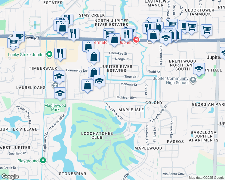 map of restaurants, bars, coffee shops, grocery stores, and more near 705 Cayuga Street in Jupiter