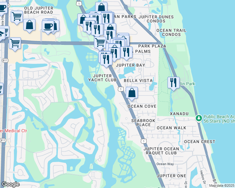 map of restaurants, bars, coffee shops, grocery stores, and more near 600 U.S. 1 in Jupiter