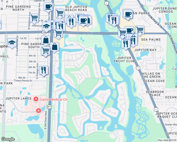 map of restaurants, bars, coffee shops, grocery stores, and more near 17024 Traverse Circle in Jupiter
