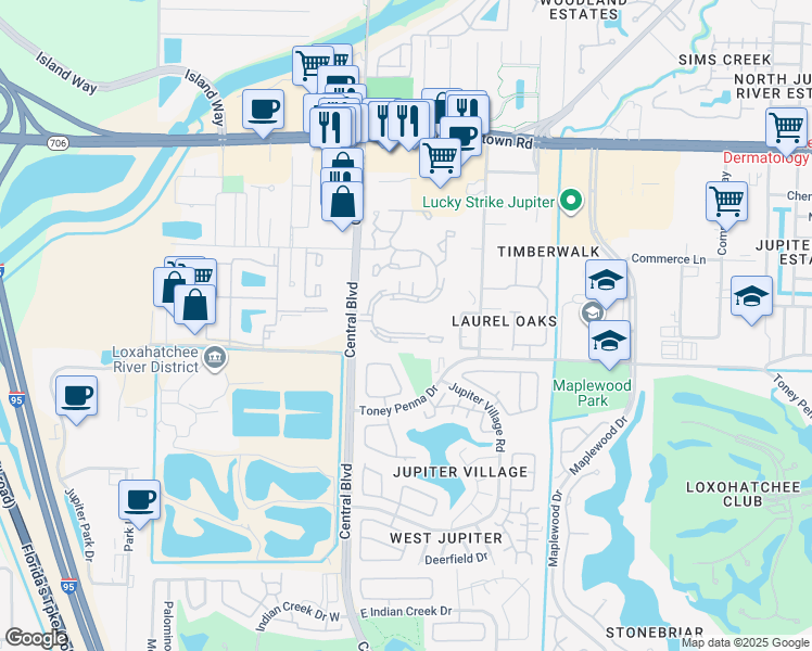 map of restaurants, bars, coffee shops, grocery stores, and more near 6341 Chasewood Drive in Jupiter