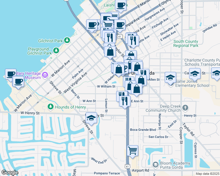 map of restaurants, bars, coffee shops, grocery stores, and more near 219 West William Street in Punta Gorda