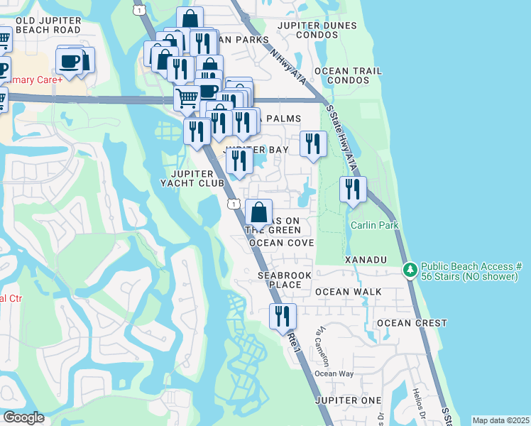 map of restaurants, bars, coffee shops, grocery stores, and more near 25 Bella Vista Court South in Jupiter