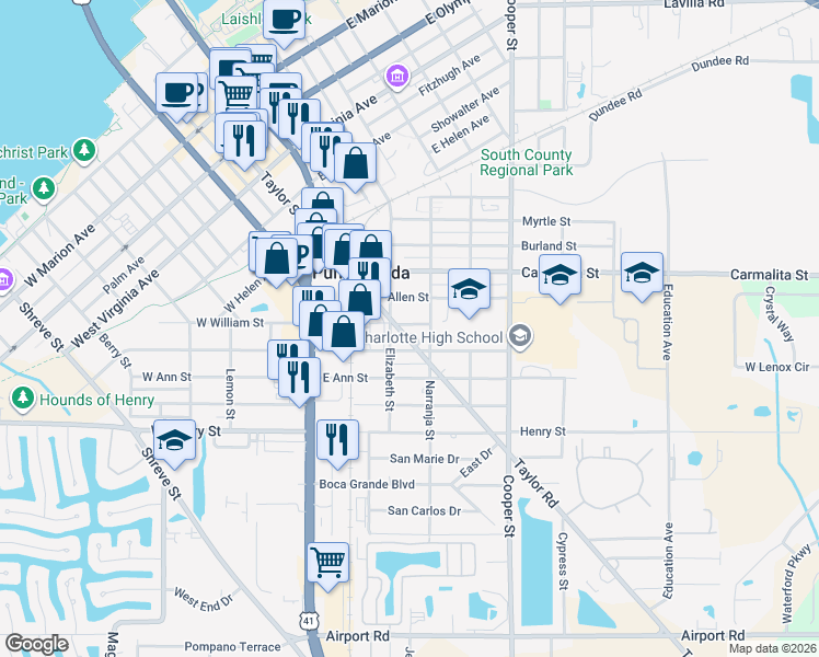 map of restaurants, bars, coffee shops, grocery stores, and more near 1250 County Road 765A in Punta Gorda