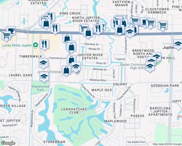 map of restaurants, bars, coffee shops, grocery stores, and more near 705 Cayuga Street in Jupiter