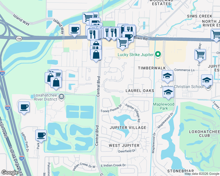 map of restaurants, bars, coffee shops, grocery stores, and more near 6341 Chasewood Drive in Jupiter