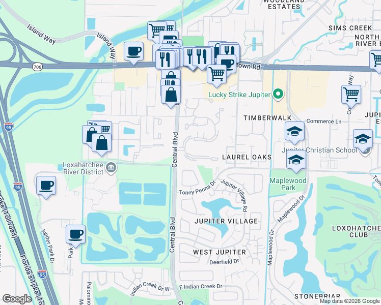 map of restaurants, bars, coffee shops, grocery stores, and more near 6381 Chasewood Drive in Jupiter