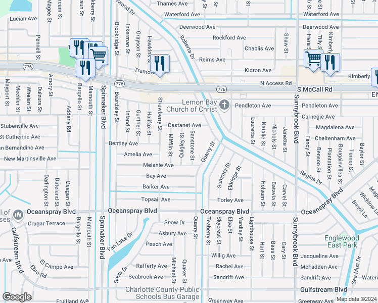 map of restaurants, bars, coffee shops, grocery stores, and more near 7099 Sanstone Street in Englewood