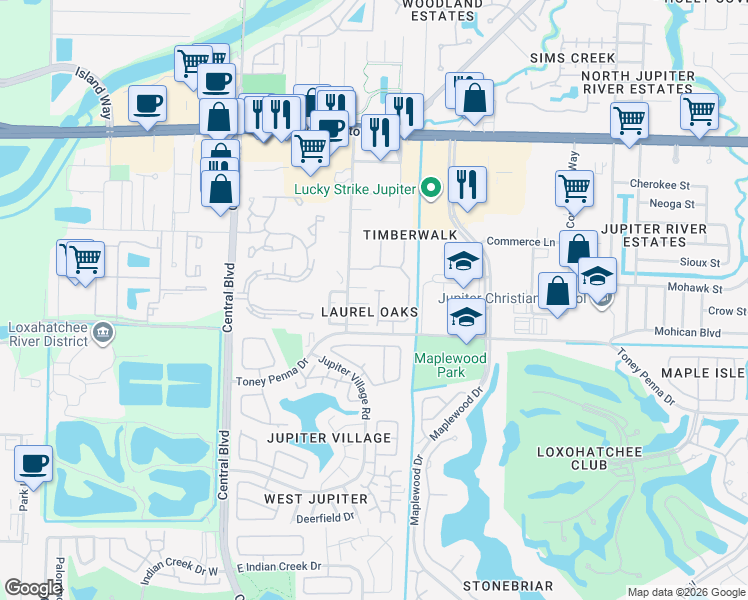 map of restaurants, bars, coffee shops, grocery stores, and more near 269 Live Oak Lane in Jupiter