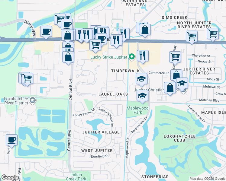 map of restaurants, bars, coffee shops, grocery stores, and more near 269 Live Oak Lane in Jupiter