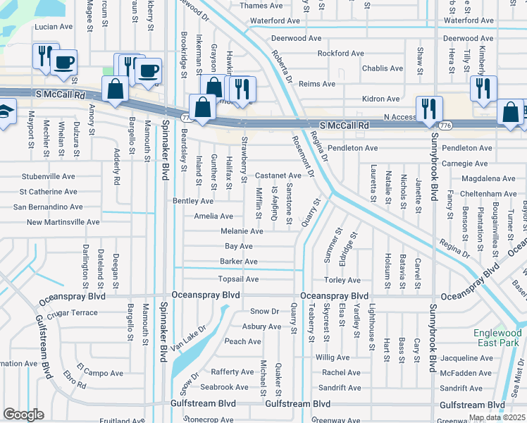 map of restaurants, bars, coffee shops, grocery stores, and more near 7100 Mifflin Street in Englewood