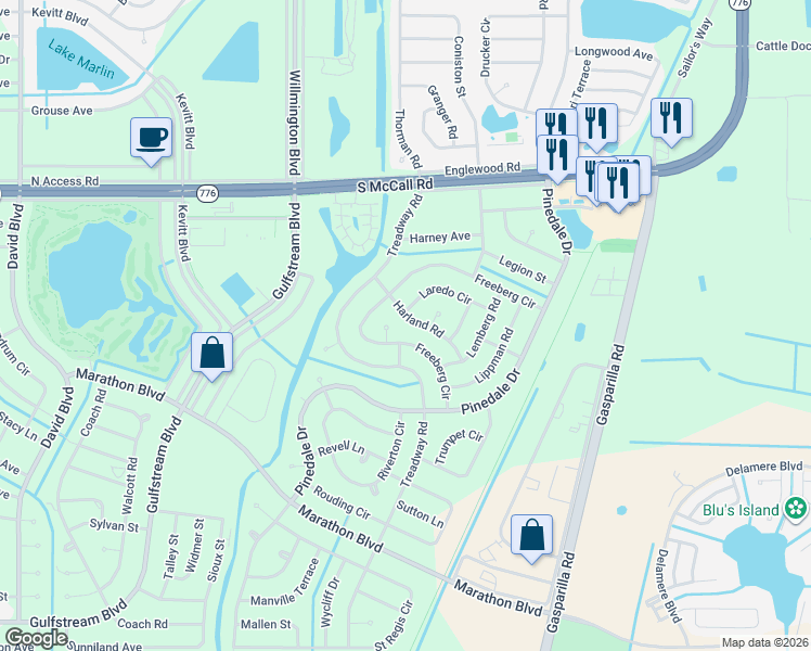 map of restaurants, bars, coffee shops, grocery stores, and more near 7131 Harland Road in Port Charlotte